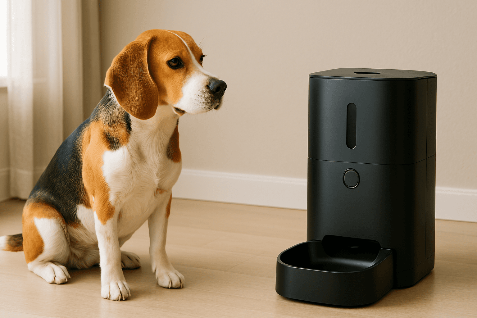 A medium-sized dog patiently waiting next to its automatic feeder