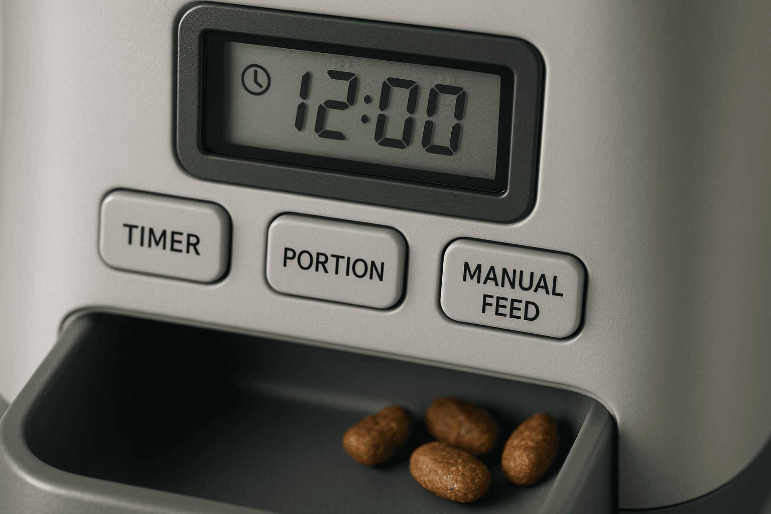 Close-up view of an automatic pet feeder's control panel and dispensing mechanism