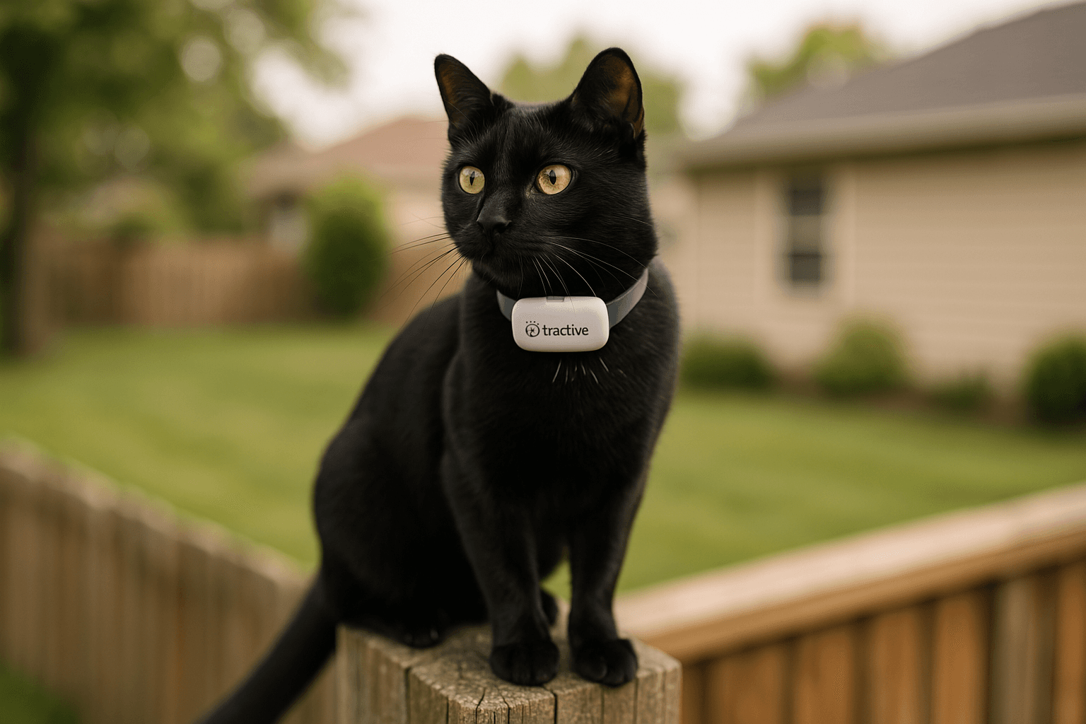 Cat wearing the Tractive Cat tracker exploring a garden