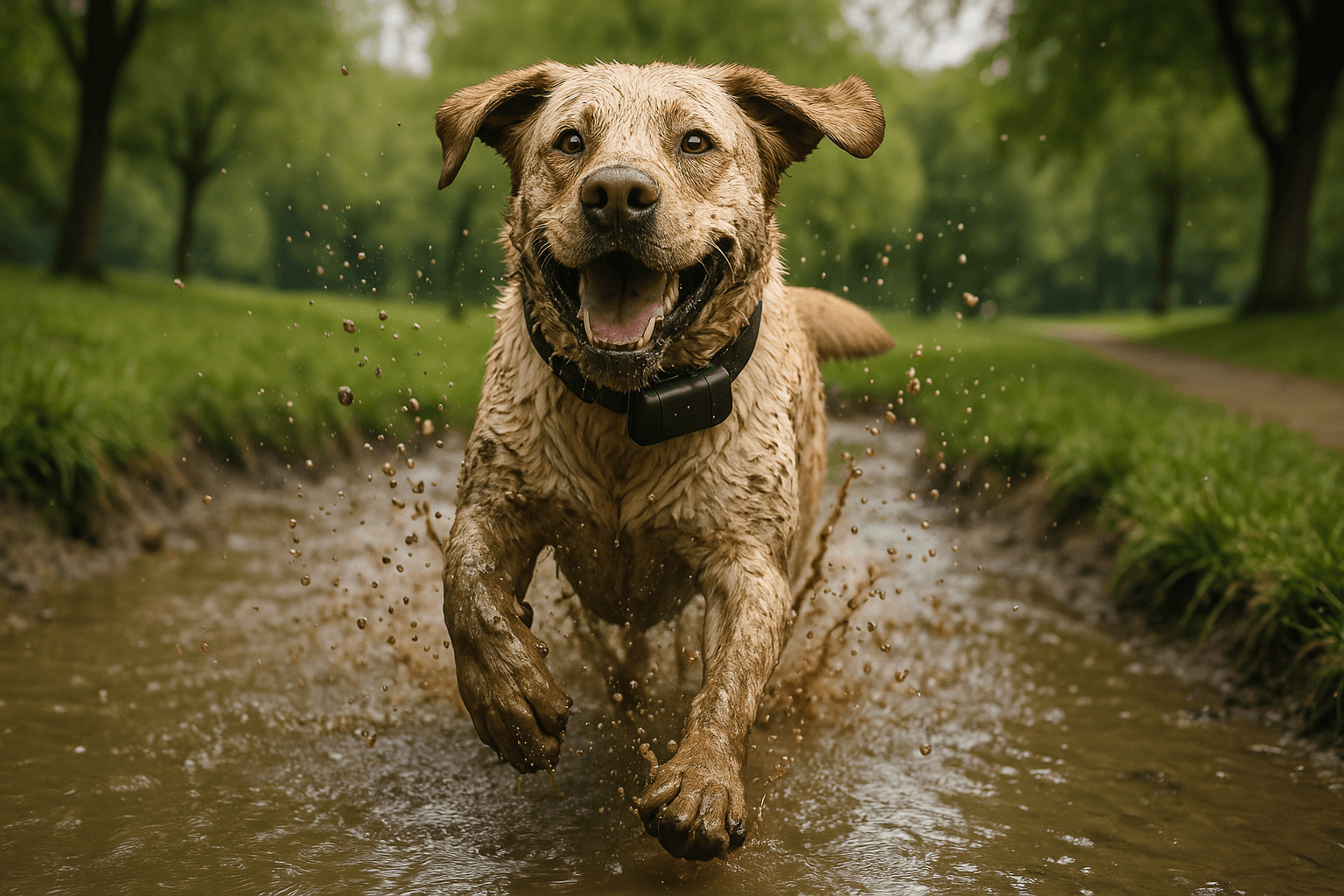 Large dog wearing the Tractive XL tracker running happily outdoors