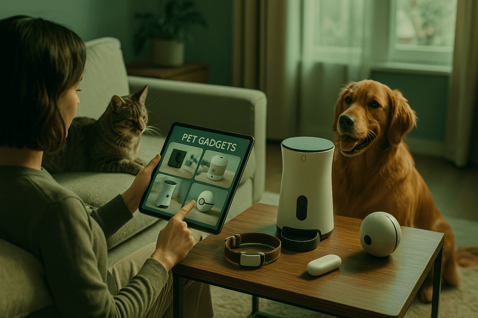 Person researching pet gadgets with a cat and dog