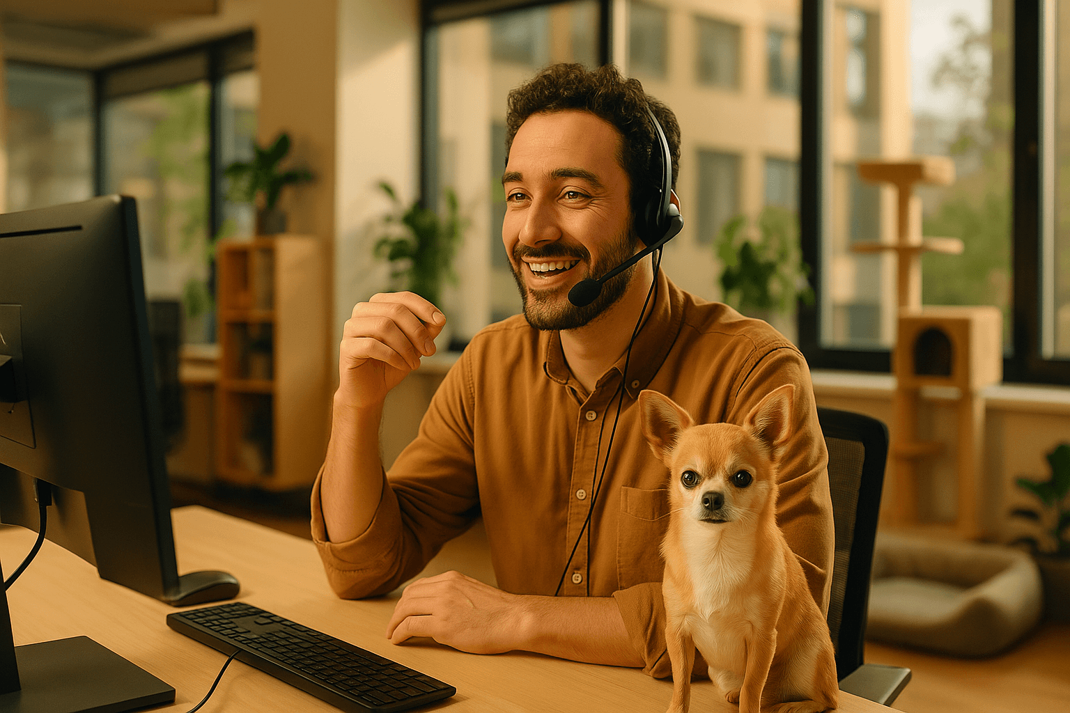 Customer service representative with a small dog at their desk
